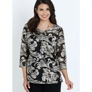 Liz Jordan 3/4 Sleeve Sequence Embroidered Patterned Mesh Top with Lining